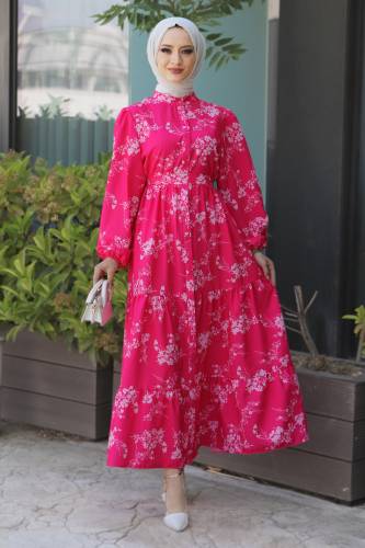 Çiçek Desenli Elbise TSD220510 Pembe - Tesettür Dünyası