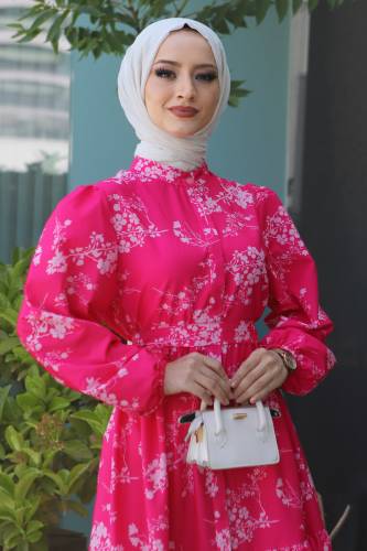 Çiçek Desenli Elbise TSD220510 Pembe - Tesettür Dünyası (1)