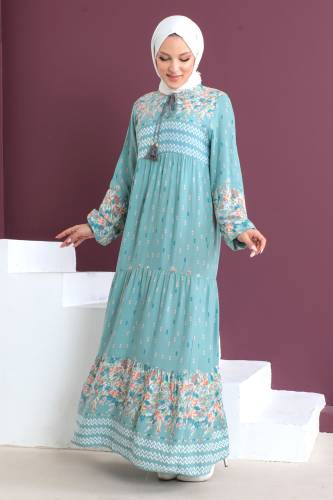 Çiçek Desenli Elbise TSD230406 Mint Yeşili 
