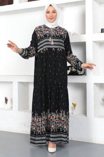 Çiçek Desenli Elbise TSD230406 Siyah 