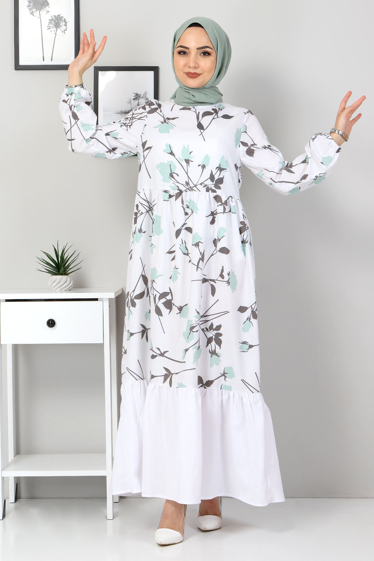 Tesettür Dünyası - Çiçek Desenli Elbise TSD4408 Mint Yeşili