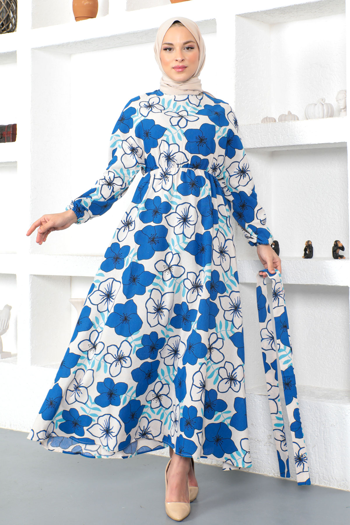 Tesettür Dünyası - Çiçek Desenli Keten Elbise TSD230224 Mavi