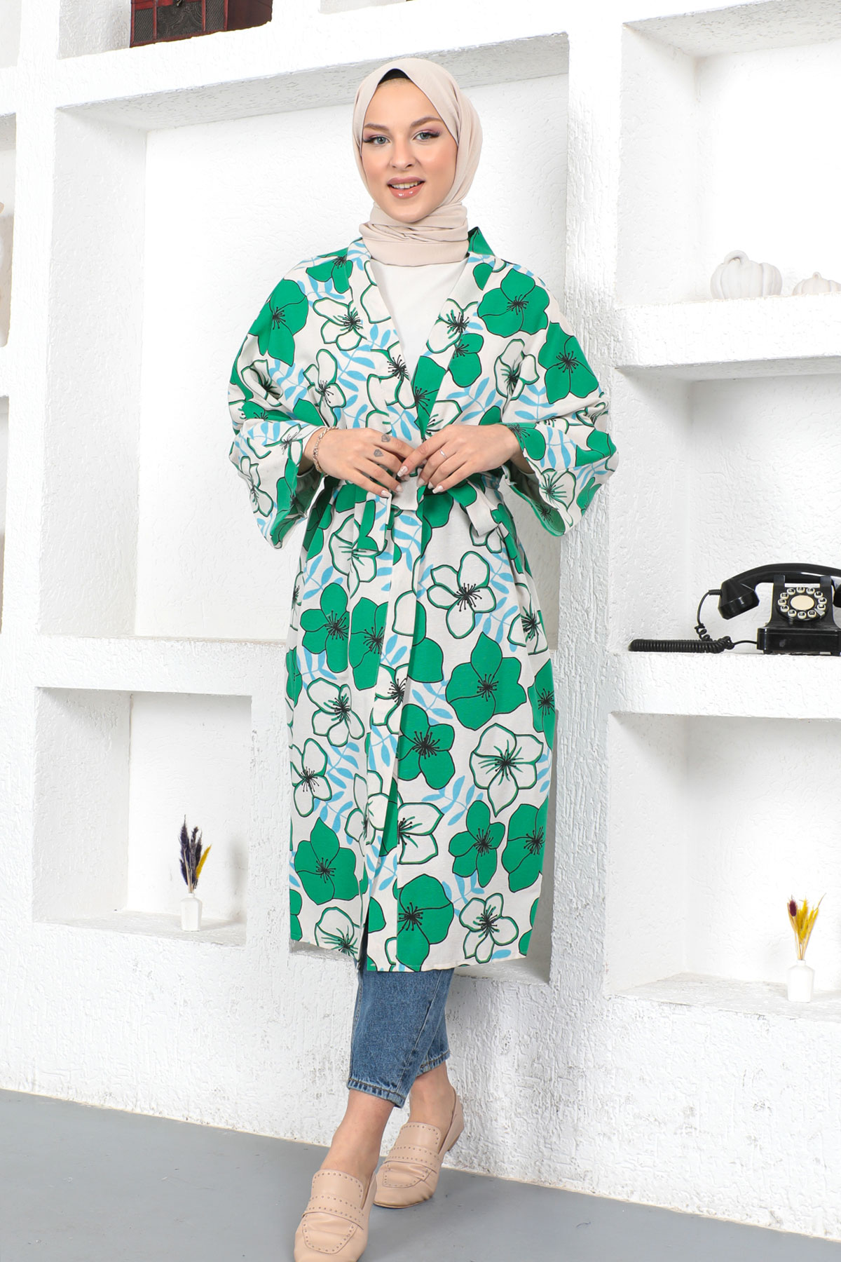 Tesettür Dünyası - Çiçek Desenli Kimono TSD230436 Yeşil