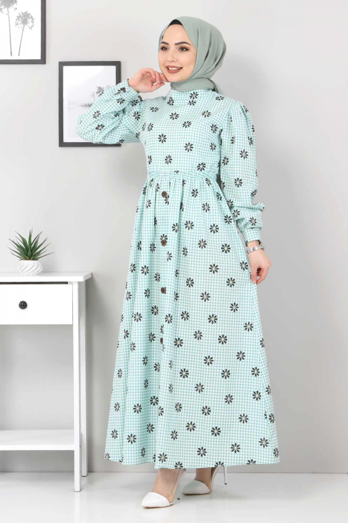 Tesettür Dünyası - Floral Patterned Fleece Check Dress TSD4743 Green