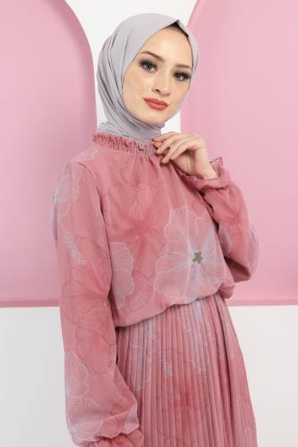 Çiçek Desenli Şifon Elbise TSD220501 Pembe 