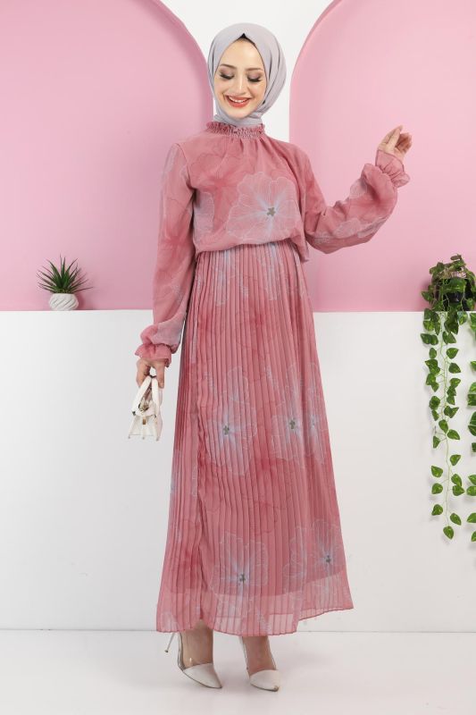 Çiçek Desenli Şifon Elbise TSD220501 Pembe - 3