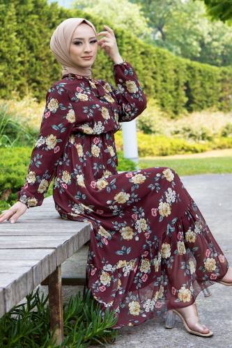 Çiçek Desenli Şifon Elbise TSD220535 Bordo 