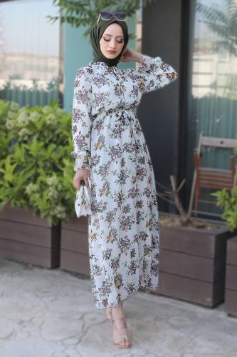 Çiçek Desenli Şifon Elbise TSD220535 Gül Kurusu 