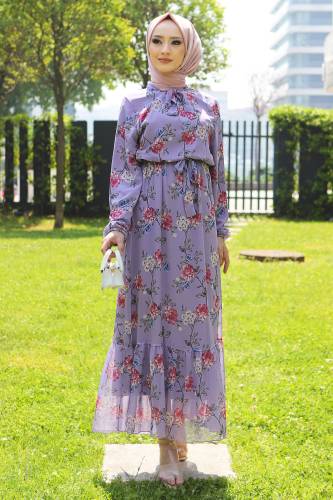 Çiçek Desenli Şifon Elbise TSD220535 Lila 