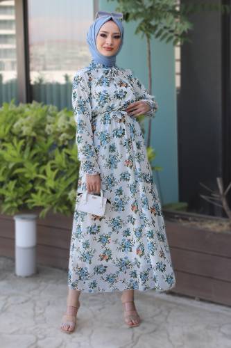 Çiçek Desenli Şifon Elbise TSD220535 Mavi 
