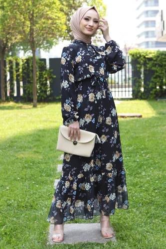 Çiçek Desenli Şifon Elbise TSD220535 Siyah 