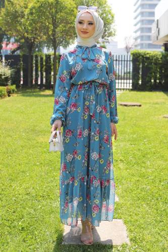 Çiçek Desenli Şifon Elbise TSD220535 Turkuaz 