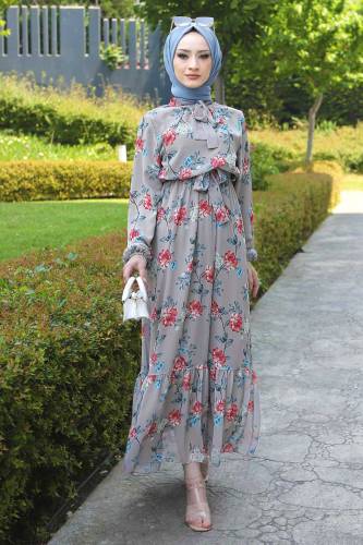 Çiçek Desenli Şifon Elbise TSD220535 Vizon 