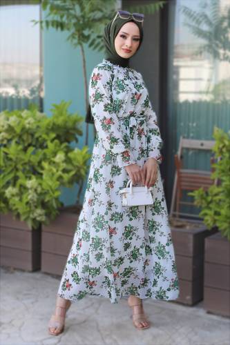 Çiçek Desenli Şifon Elbise TSD220535 Yeşil 