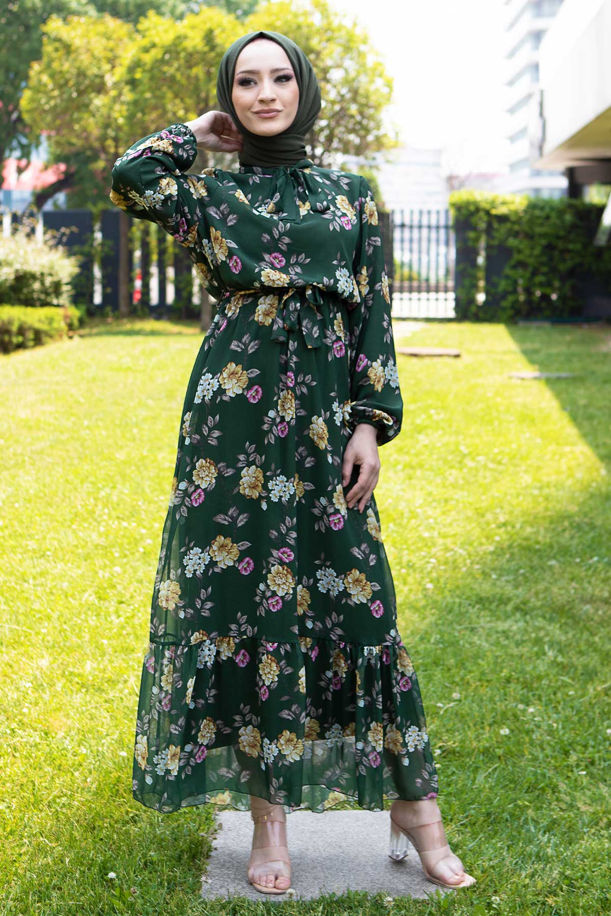 Tesettür Dünyası - Çiçek Desenli Şifon Elbise TSD220535 Zümrüt Yeşili