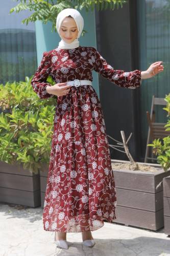 Çiçek Desenli Şifon Elbise TSD220639 Kahverengi 