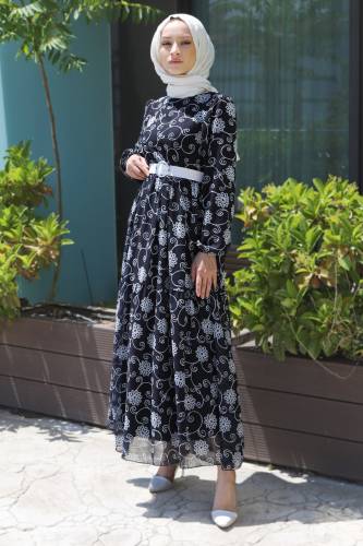 Çiçek Desenli Şifon Elbise TSD220639 Siyah 