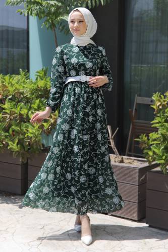 Çiçek Desenli Şifon Elbise TSD220639 Zümrüt Yeşili 