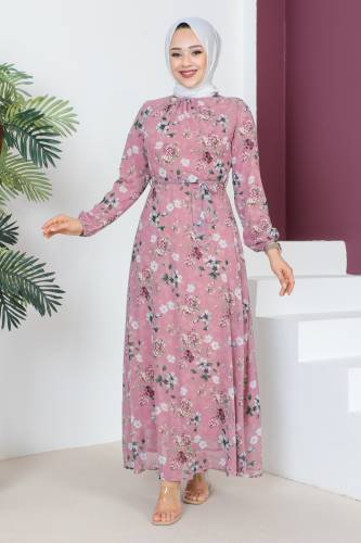 Çiçek Desenli Şifon Elbise TSD230607 Gül Kurusu - 1