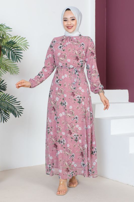 Çiçek Desenli Şifon Elbise TSD230607 Gül Kurusu - 1