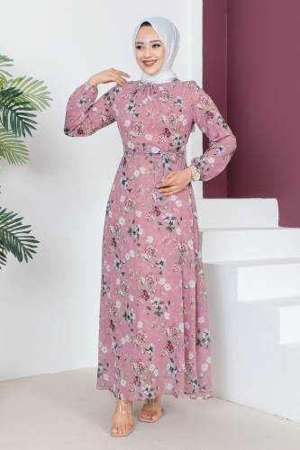 Çiçek Desenli Şifon Elbise TSD230607 Gül Kurusu - 3