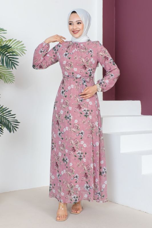 Çiçek Desenli Şifon Elbise TSD230607 Gül Kurusu - 3