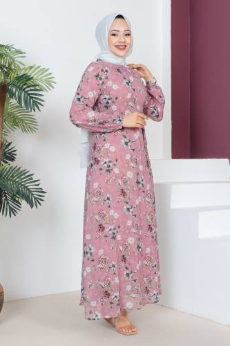 Çiçek Desenli Şifon Elbise TSD230607 Gül Kurusu - 4