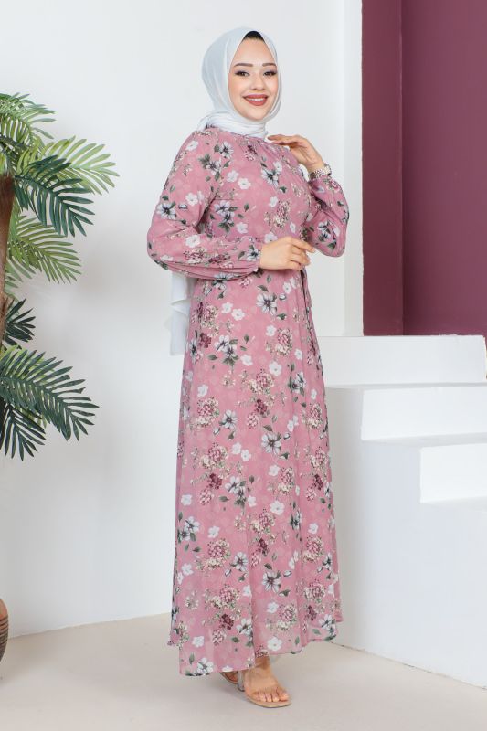 Çiçek Desenli Şifon Elbise TSD230607 Gül Kurusu - 4