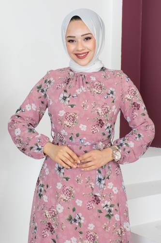Çiçek Desenli Şifon Elbise TSD230607 Gül Kurusu - 2