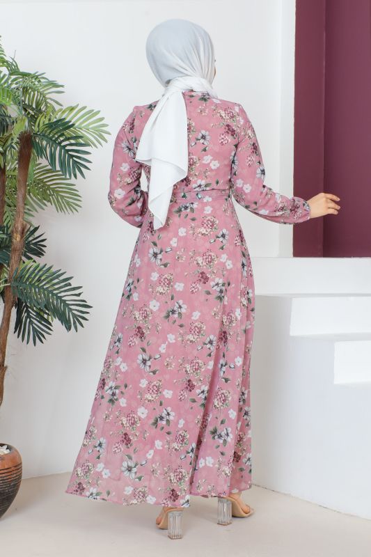 Çiçek Desenli Şifon Elbise TSD230607 Gül Kurusu - 5