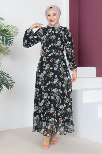 Çiçek Desenli Şifon Elbise TSD230607 Siyah 