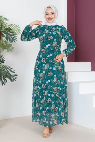 Çiçek Desenli Şifon Elbise TSD230607 Zümrüt Yeşili 