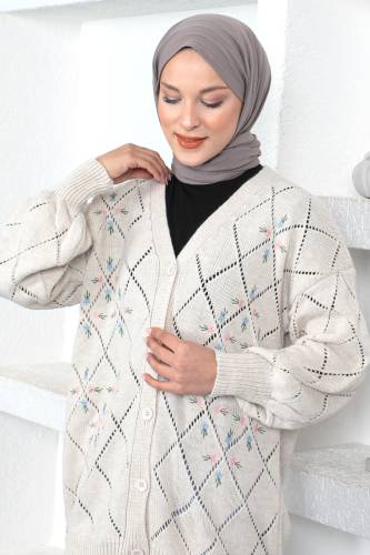 Çiçek Desenli Triko Hırka TSD230350 Bej - 1