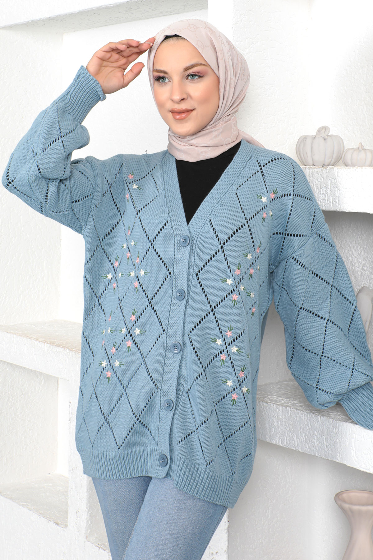 Tesettür Dünyası - Çiçek Desenli Triko Hırka TSD230350 Mavi