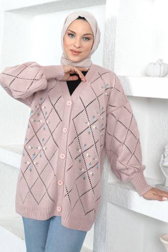 Çiçek Desenli Triko Hırka TSD230350 Pembe 
