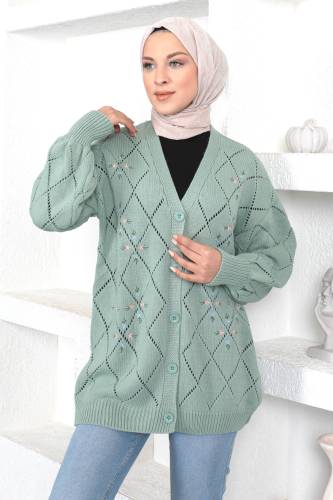 Çiçek Desenli Triko Hırka TSD230350 Yeşil - Tesettür Dünyası