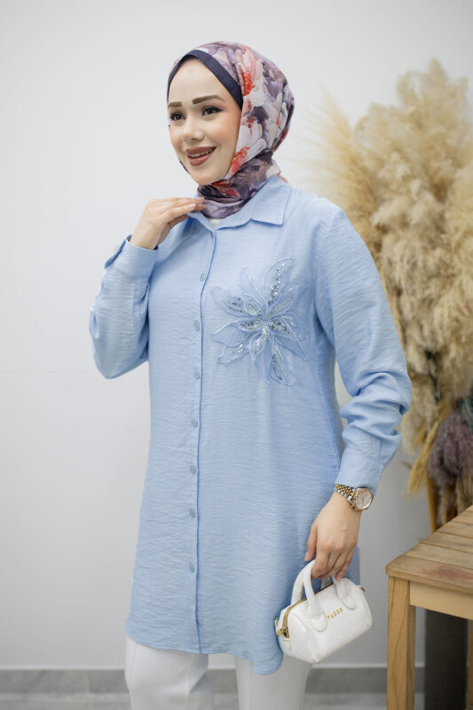 Çiçek Detaylı Gömlek TSD260193 Bebe Mavisi - Tesettür Dünyası (1)