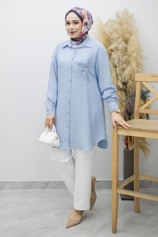 Çiçek Detaylı Gömlek TSD260193 Bebe Mavisi - Tesettür Dünyası