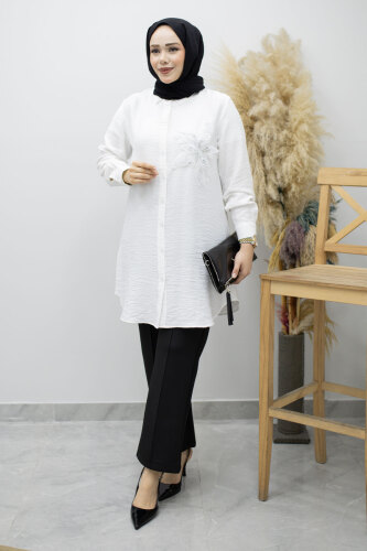 Çiçek Detaylı Gömlek TSD260193 Beyaz 