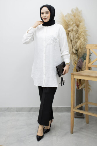 Çiçek Detaylı Gömlek TSD260193 Beyaz - 3