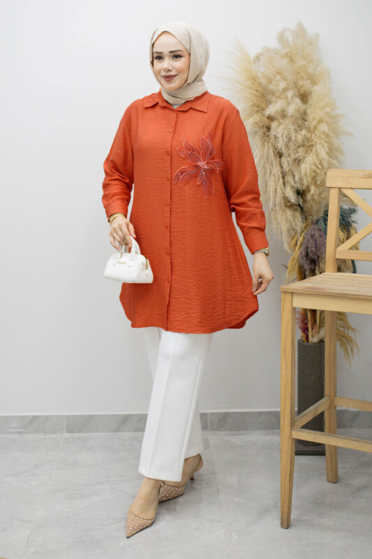 Çiçek Detaylı Gömlek TSD260193 Kiremit - Tesettür Dünyası