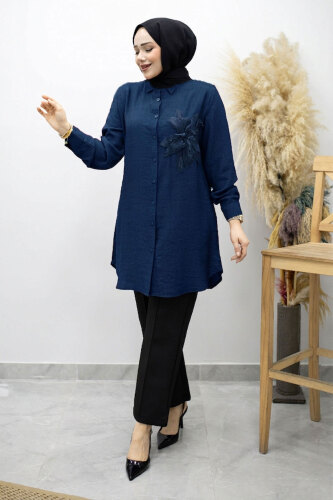 Çiçek Detaylı Gömlek TSD260193 Lacivert - Tesettür Dünyası