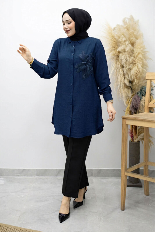 Çiçek Detaylı Gömlek TSD260193 Lacivert - 1