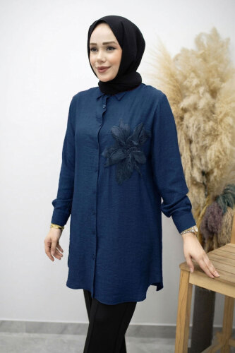 Çiçek Detaylı Gömlek TSD260193 Lacivert - Tesettür Dünyası (1)