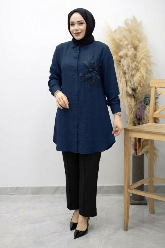 Çiçek Detaylı Gömlek TSD260193 Lacivert - 3