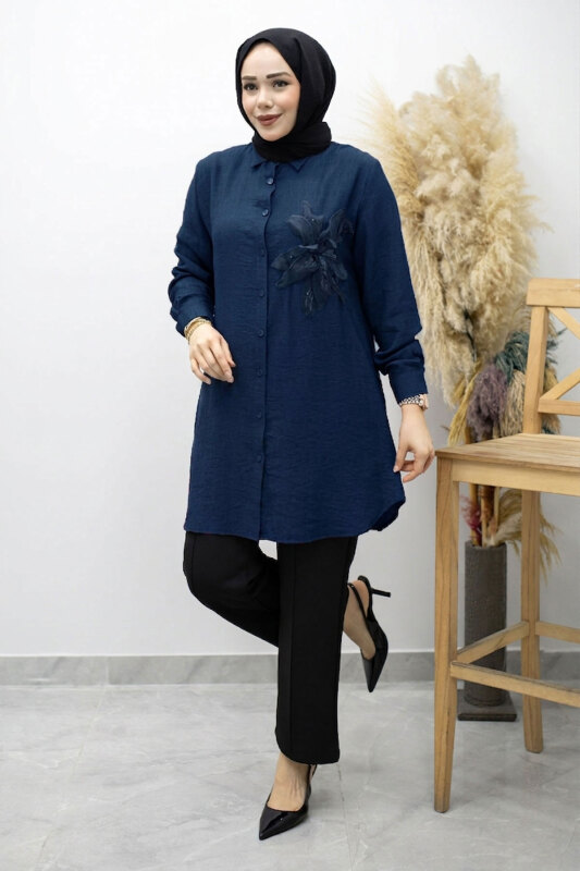 Çiçek Detaylı Gömlek TSD260193 Lacivert - 6