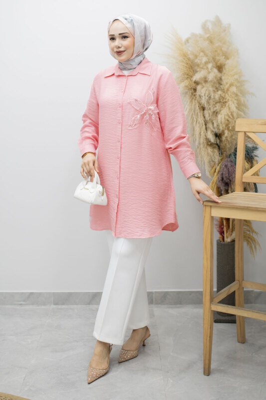 Çiçek Detaylı Gömlek TSD260193 Pembe - Tesettür Dünyası