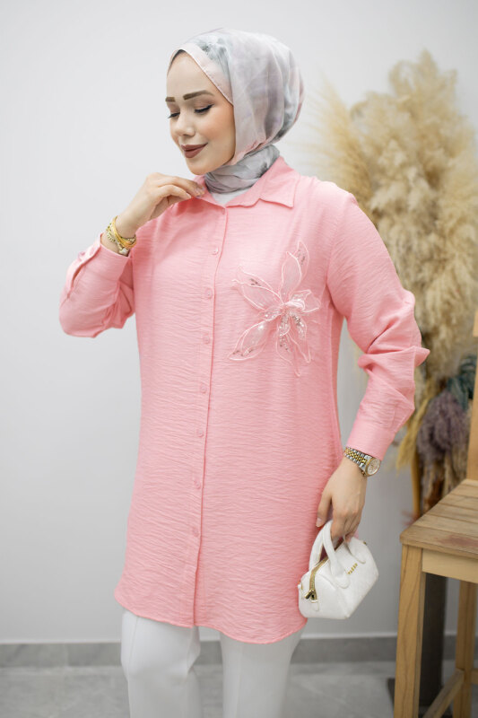 Çiçek Detaylı Gömlek TSD260193 Pembe - Tesettür Dünyası (1)