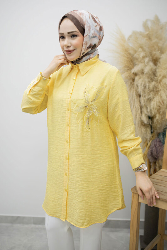 Çiçek Detaylı Gömlek TSD260193 Sarı - Tesettür Dünyası (1)