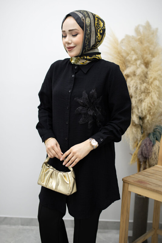 Çiçek Detaylı Gömlek TSD260193 Siyah - Tesettür Dünyası (1)